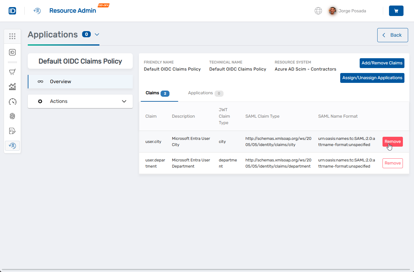 Remove Claims from App Button