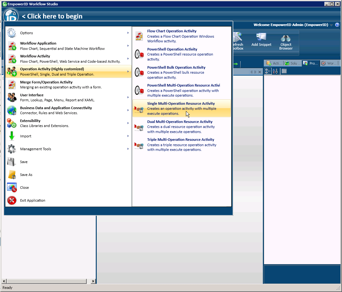 Single multi-operation resource activity menu