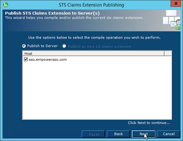 STS claims extension publishing wizard step 2
