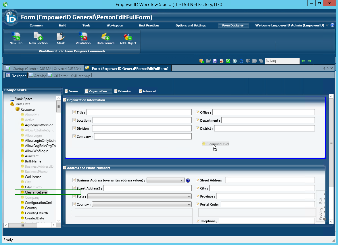 Person edit full form place clearance level on form