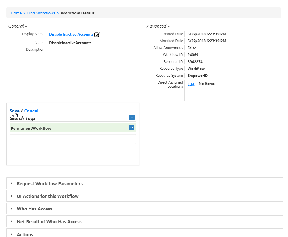 Workflow details permanent workflow tag save